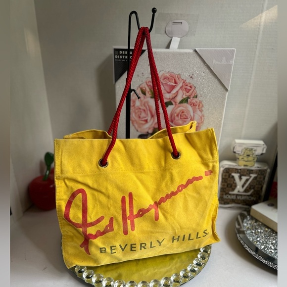 Fred Hayman Vintage Beverly Canvas Tote Yellow 16" x 11" x 5" - Picture 8 of 9